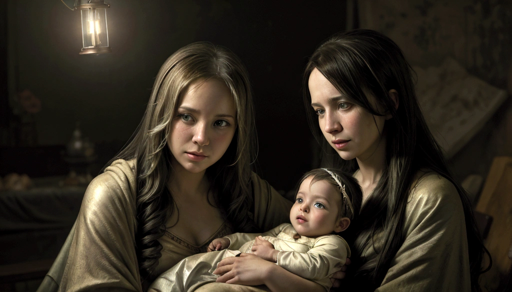 (((Estilo Jeremy Mann))), Virgin Mary with the beautiful Jesus in her arms, Blessed and inspiring look, Cinematic Lights.