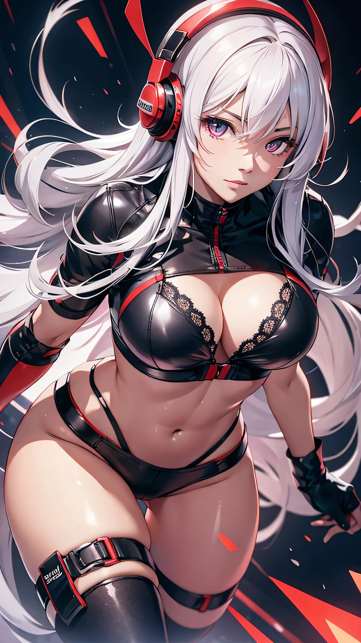 Highest quality、Highest quality、Masterpiece、girl((20-year-old、as soon as、Highest Bust、Medium Bust、Wide open chest、Red glowing eyes、Light Silver Hair、Shortcuts、Loincloth、thin、The best valley、Open chest、Full body view、Tank top、White see-through、Smile、Leaning forward greatly,Perforated gloves、A tense face、Red headphones、Sexy pose))、high quality、Beautiful Art、background((Racer venue))、flight、Flying Debris、Depth of text、movie、Visual Arts、Perfect Art、8K、Genuine、