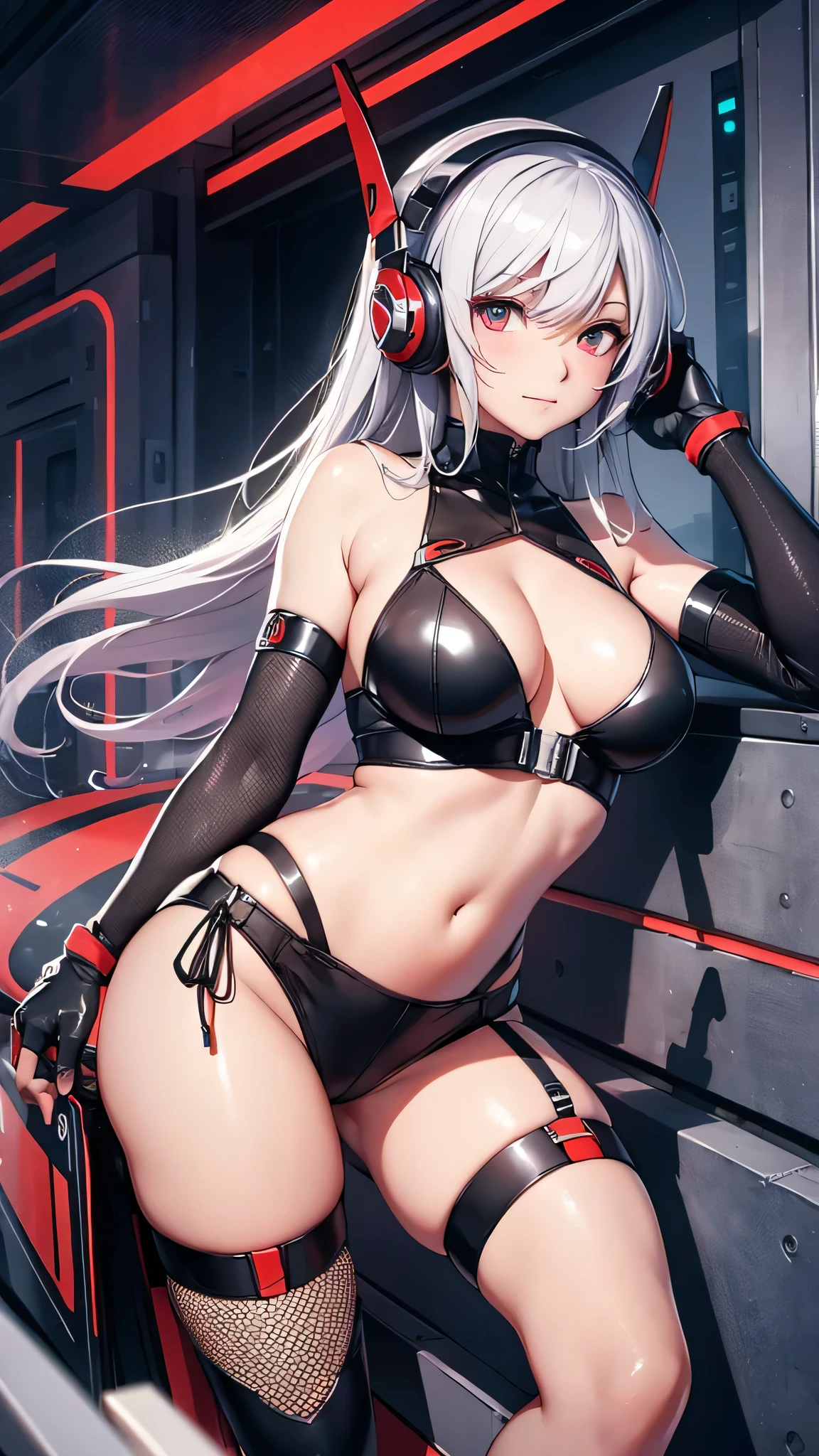 Highest quality、Highest quality、Masterpiece、girl((20-year-old、as soon as、Highest Bust、Medium Bust、Wide open chest、Red glowing eyes、Light Silver Hair、Shortcuts、Loincloth、thin、The best valley、Open chest、Full body view、Tank top、White see-through、Smile、Leaning forward greatly,Perforated gloves、A tense face、Red headphones、Sexy pose))、high quality、Beautiful Art、background((Racer venue))、flight、Flying Debris、Depth of text、movie、Visual Arts、Perfect Art、8K、Genuine、