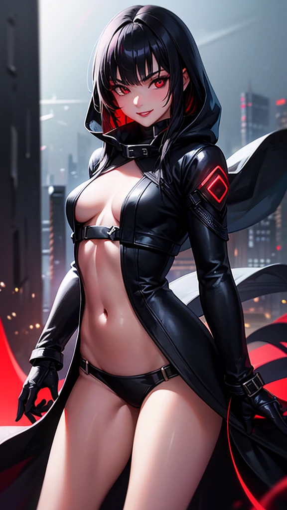 最high resolution,high resolution,Legendary Assassin, Beautiful age Woman,Small breasts,black hooded coat , Fearless smile, Red lips, Black Hair, Red eyes, realism, Night city view from the top of a skyscraper,Neon Town,Digital Painting, Concept Art, Smooth, Sharp focus, Three-part method, Style Psycho,Detailed Eyes,assassin's creed