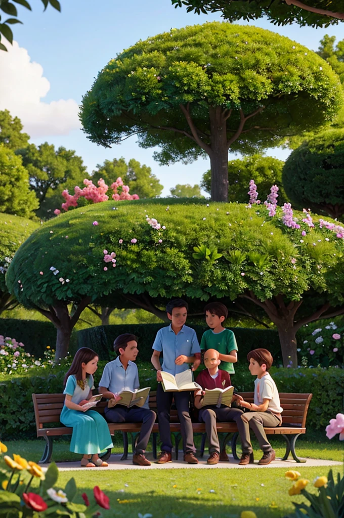 The setting is a beautiful garden with trees, flowers and a bench. Uncle Roberto is sitting on the bench with a book in his hand. The four students, Thomas, his, Sara and Leo, are sitting on the grass around him.