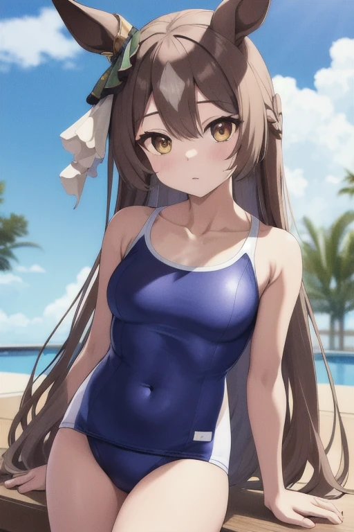 masterpiece, Highest quality, High resolution, CCSATO, Long Hair, Half Up, Braiding, Hair between the eyes, Animal ears, earrings, Horse tail, chest, clavicle, School Swimsuit, Blue one piece swimsuit, Are standing, Poolside, Cowboy Shot