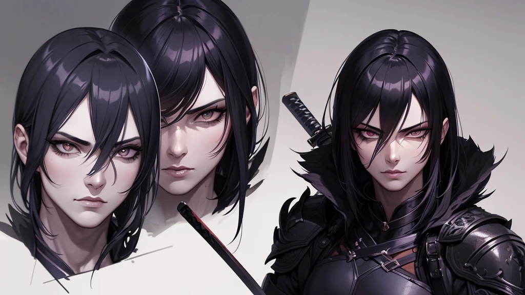 a highly detailed anime-style portrait of a fierce shadow warrior, beautiful detailed eyes, beautiful detailed lips, extremely detailed face and expression, long eyelashes, muscular male body, dynamic pose holding a katana sword, dark shadowy background, moody lighting, vibrant colors, digital art, concept art, cinematic composition, 8k, high resolution, photorealistic, masterpiece