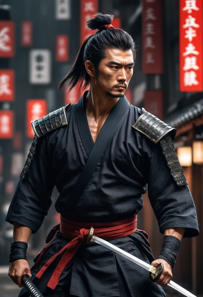 best quality,Ultra-fine, Samurai male, (pulling Japanese sword from sheath on waist), fighting,Dodge,avoid,lifelike,, katana illustration, (pulling Japanese sword from sheath on waist), muscular or broad chest BREAK (holding (katana sword:1.2)), (blade shimmering), (holding sword sheath) BREAK (cyberpunk style) hyperrealism, very detailed skin, 4k, inkpunk style, black and red, great lighting.