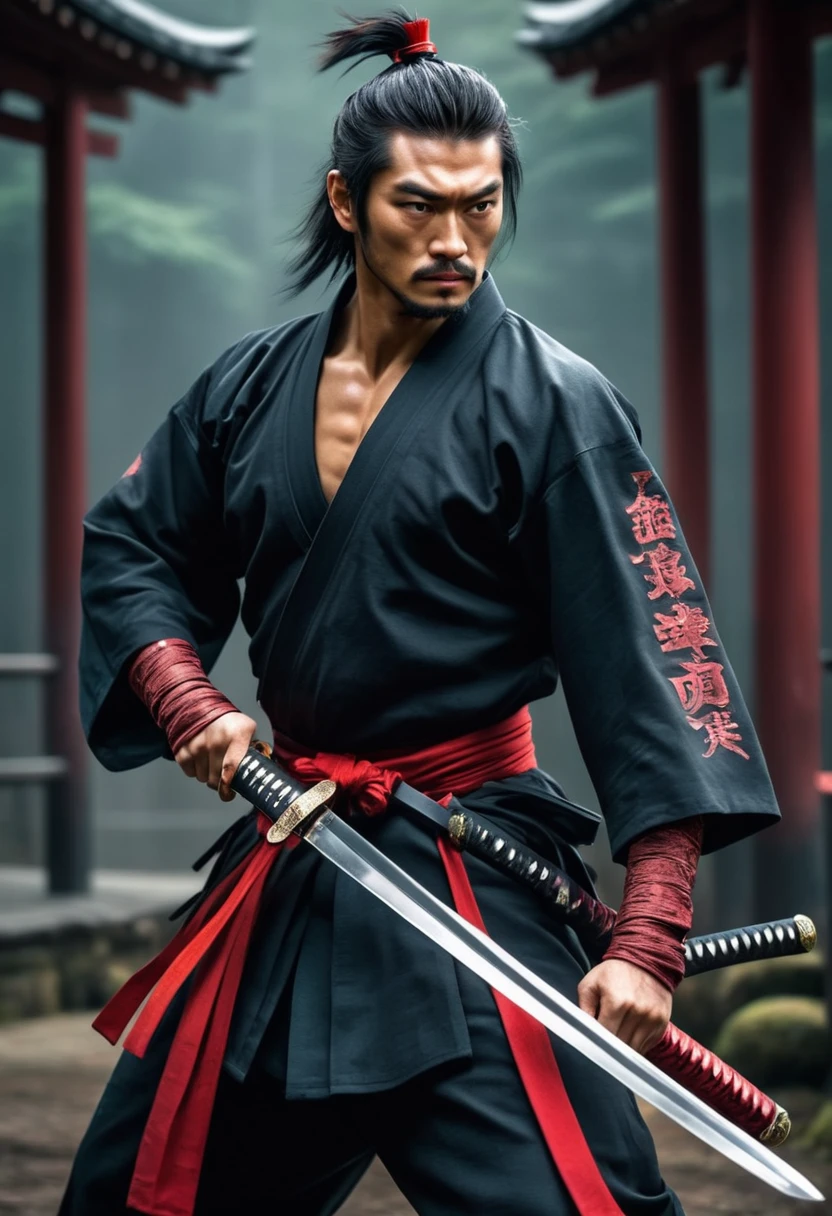 best quality,Ultra-fine, Samurai male, (pulling Japanese sword from sheath on waist), fighting,Dodge,avoid,lifelike,, katana illustration, (pulling Japanese sword from sheath on waist), muscular or broad chest BREAK (holding (katana sword:1.2)), (blade shimmering), (holding sword sheath) BREAK (cyberpunk style) hyperrealism, very detailed skin, 4k, inkpunk style, black and red, great lighting.