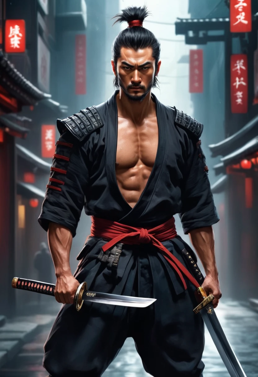 best quality,Ultra-fine, Samurai male, (pulling Japanese sword from sheath on waist), fighting,Dodge,avoid,lifelike,, katana illustration, (pulling Japanese sword from sheath on waist), muscular or broad chest BREAK (holding (katana sword:1.2)), (blade shimmering), (holding sword sheath) BREAK (cyberpunk style) hyperrealism, very detailed skin, 4k, inkpunk style, black and red, great lighting.