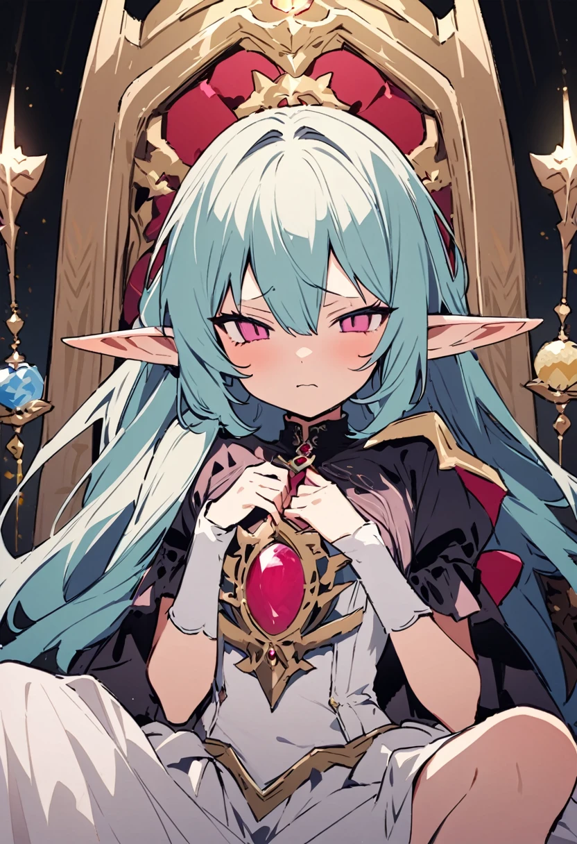 masterpiece, Highest quality, Illustration of the novel, High resolution, 18+ Adult content, Sensual, Intimate, Emotional, Passionate, romantic, sweet, Adorable, Innocent, Pure, charmな, charmな, charm, mysterious, charmな, charmな, Immersive, charmな, dream-like, Surreal, Imaginative, Whimsical, Artistic, Avant-garde, timeless, elegant, Sophisticated, chic, Sophisticated, Personality, original, charmな,((Loli Elf:1.3)),((A look of disgust:1.3))、Upper Body,((Throne of Power,Throne of Power:1.3))