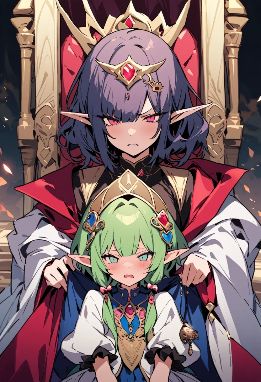 masterpiece, Highest quality, Illustration of the novel, High resolution, 18+ Adult content, Sensual, Intimate, Emotional, Passionate, romantic, sweet, Adorable, Innocent, Pure, charmな, charmな, charm, mysterious, charmな, charmな, Immersive, charmな, dream-like, Surreal, Imaginative, Whimsical, Artistic, Avant-garde, timeless, elegant, Sophisticated, chic, Sophisticated, Personality, original, charmな,(( Elf:1.3)),((A look of disgust:1.3))、Upper Body,((Throne of Power,Throne of Power:1.3))