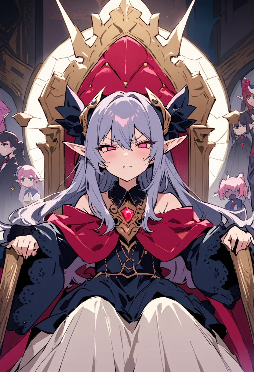 masterpiece, Highest quality, Illustration of the novel, High resolution, 18+ Adult content, Sensual, Intimate, Emotional, Passionate, romantic, sweet, Adorable, Innocent, Pure, charmな, charmな, charm, mysterious, charmな, charmな, Immersive, charmな, dream-like, Surreal, Imaginative, Whimsical, Artistic, Avant-garde, timeless, elegant, Sophisticated, chic, Sophisticated, Personality, original, charmな,((Loli Elf:1.3)),((A look of disgust:1.3))、Upper Body,((Throne of Power,Throne of Power:1.3))