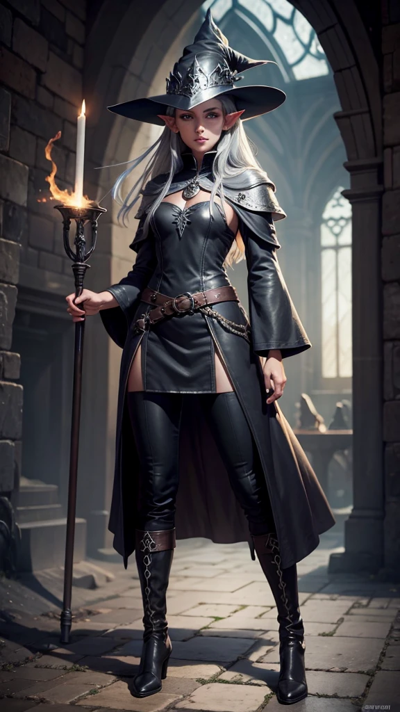 medieval setting, full view of body, 1 female elf mage,beatiful smokey eyes, silver hair, black mage robe with gambeson, wizard hat, black pants, leather boots