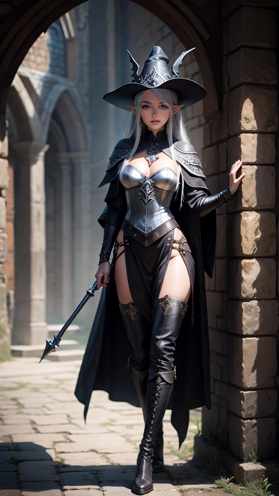 medieval setting, full view of body, 1 female elf mage,beatiful smokey eyes, silver hair, black mage robe with gambeson, wizard hat, black pants, leather boots