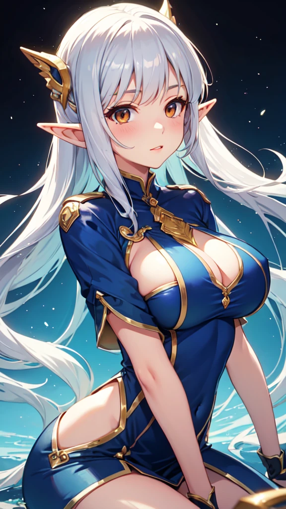 cute, lovely, beautiful, dynamic angle, 1 elf girl, solo, 1woman, big breasts, long hair, silver hair, brown eyes,