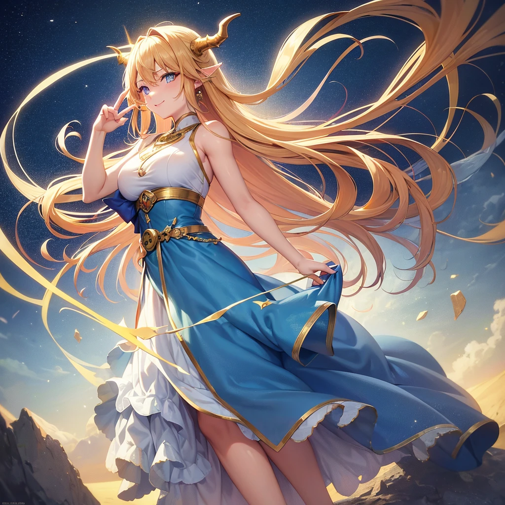 (masterpiece:1.3), (Absurd:1.3), (highest quality:1.3), (Very detailed:1.3), 1girl, Outdoor, Upper Body, wave hands, smile mischievously, standing, outdoor, peace sign, Hello, flirting expression, looking at viewer, long silver hair tied back, sharp golden eyes, pale skin, C-cup breasts, tall, muscular hourglass figure, beautiful six-pack, two beautiful simple golden dragon horns on the head, another set of short golden dragon horns under the ears, sharp golden dragon claws, dragon tail resemble light blue steel, dragon wings resemble light blue steel, blue pear earrings, light blue gemstone necklace with golden dragon phoenix pendant, white sleeveless crop top, ivory trousers, dark blue leather belt, dark blue platform sandals, blue archive art,detailed digital anime art