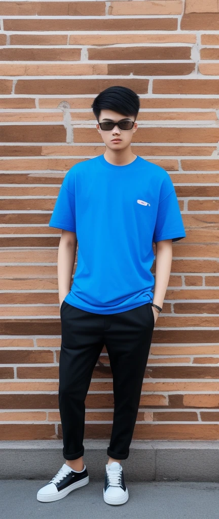 21 year old Beijing boy, he is wearing a oversize blue t shirt XXL, he is wearing black trousers, he is wearing black sneakers, he is wearing glasses, he is Master of Ceremony in front of a DJ set , NIGHTCLUB, full body, he is buzz cut Hair, foot