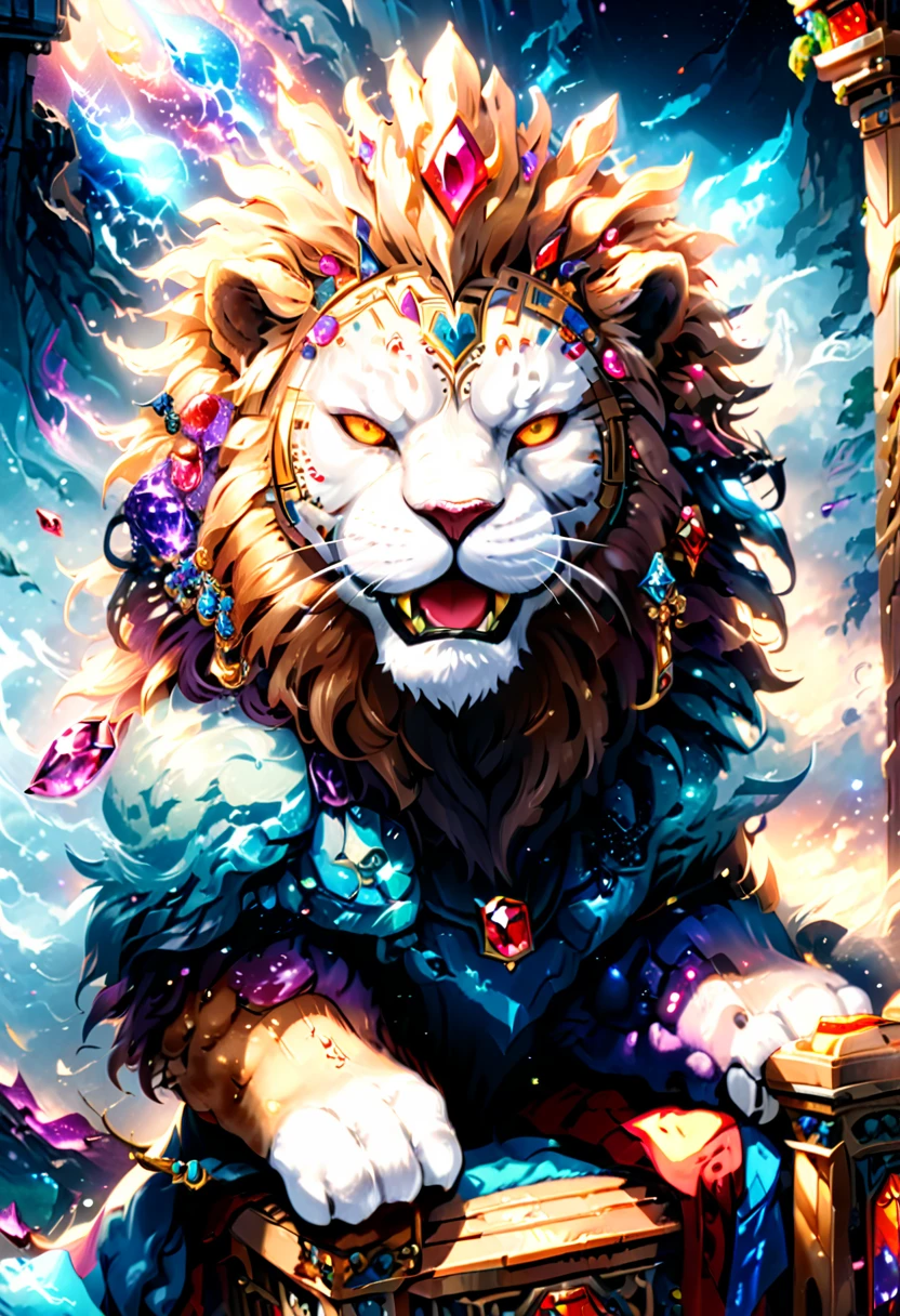 a picture of a massive epic throne, it has purple silk cushions, rubies, topaz, aquamarine gemstones artwork, the throne is epic in its majestic, power, and royalty, symmetric with many wood leonine carvings on the handle, a roaring lion head carving on the top of the seat of the throne, there is and gem artwork, behind the throne there are stars and nebulas of space a sense of high royalty, nobility and magic , (masterpiece: 1.4) intense details, highly detailed, photorealistic, best quality, highres,16k, [ultra detailed], masterpiece, best quality, (extremely detailed), close up, ultra wide shot, photorealistic, RAW, fantasy art, dnd art, fantasy art, realistic art,((best quality)), ((masterpiece)), (detailed