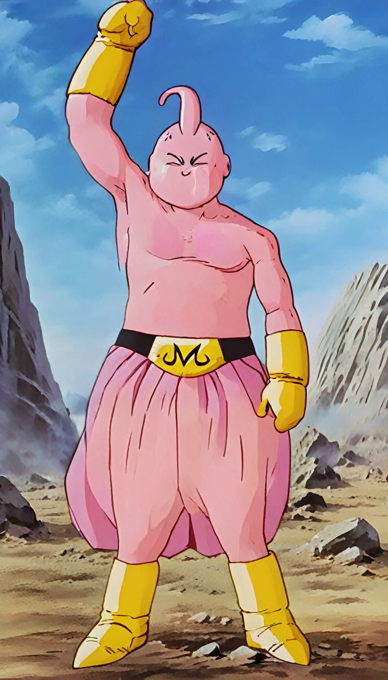 solo, majin buu,short, (nude:2.5),(angry:2),fighting_stance,in wasteland,destroyed rock,(soft shading), 4k, hi res, ((detailed face, (detailed eyes:1.0), detailed)), (full body), looking at viewer, 1boy, upper body, male focus,nude,(topless:1.5),( shirtless:2.5),torn clothes,bare pectorals, fighting stance,