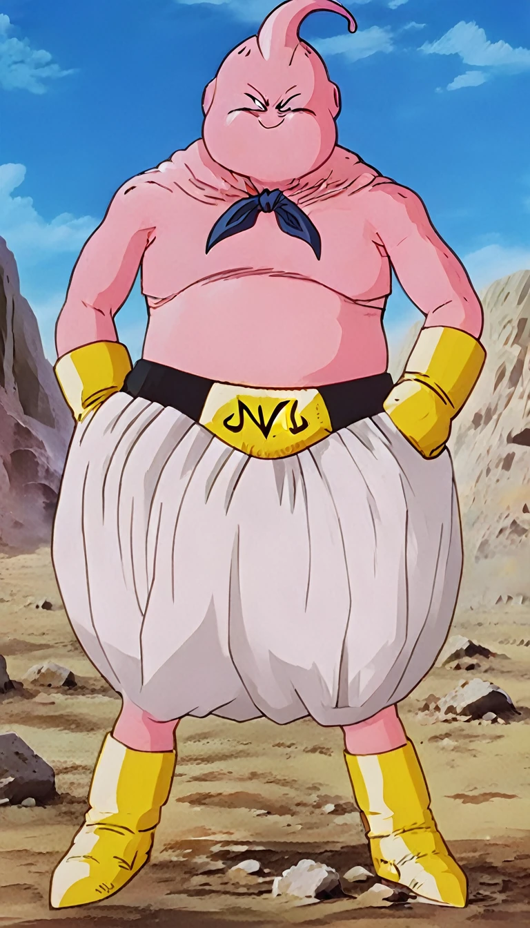 solo, majin buu,short, (nude:2.5),(angry:2),fighting_stance,in wasteland,destroyed rock,(soft shading), 4k, hi res, ((detailed face, (detailed eyes:1.0), detailed)), (full body), looking at viewer, 1boy, upper body, male focus,nude,(topless:1.5),( shirtless:2.5),torn clothes,bare pectorals, fighting stance,
