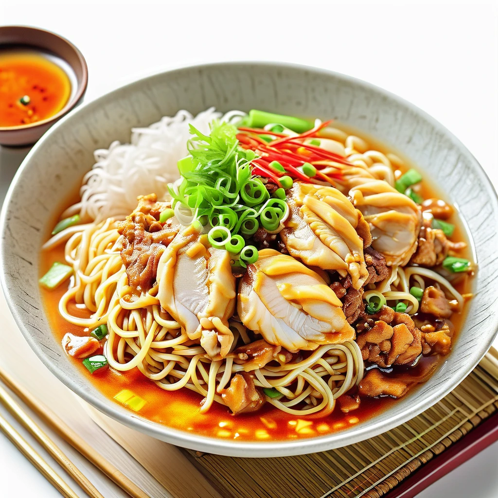 a photo of mie ayam, white background, high-angle photo, soft light, mouthwatering, photorealistic, culinary book style, raw