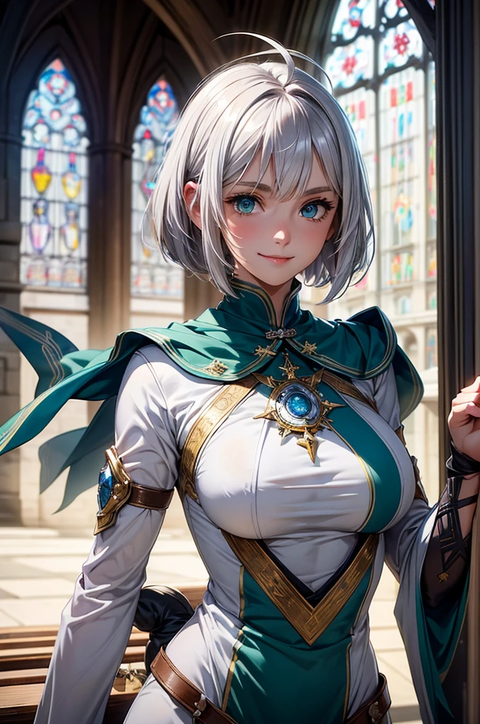 Perfect human body modeling, 1girl, beautiful girl, cute girl and idol face, young face, smile, short and bob cut hair, silver hair, ahoge, white shiny skin, beautiful green eyes, medium breasts, Western-style fantasy, RPG, church, Fantasy Monks, Blue priest's uniform, white priest's garb,