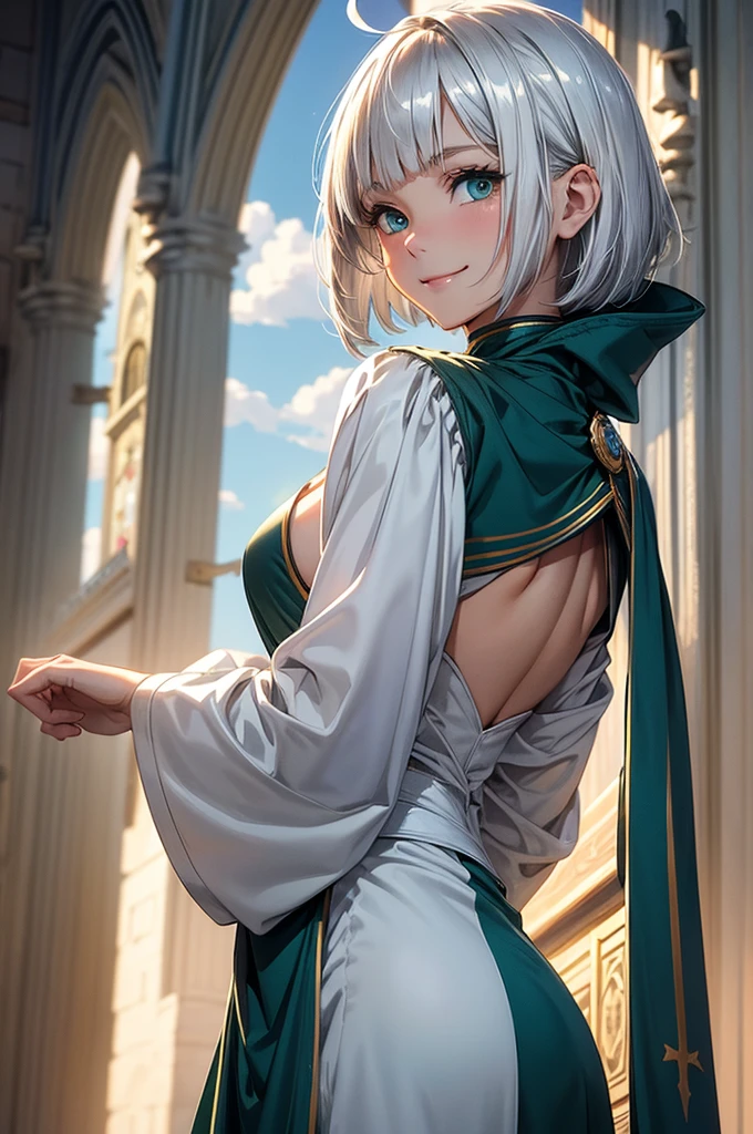 Perfect human body modeling, 1girl, beautiful girl, cute girl and idol face, young face, smile, short and bob cut hair, silver hair, ahoge, white shiny skin, beautiful green eyes, medium breasts, Western-style fantasy, RPG, church, Fantasy Monks, Blue priest's uniform, white priest's garb,