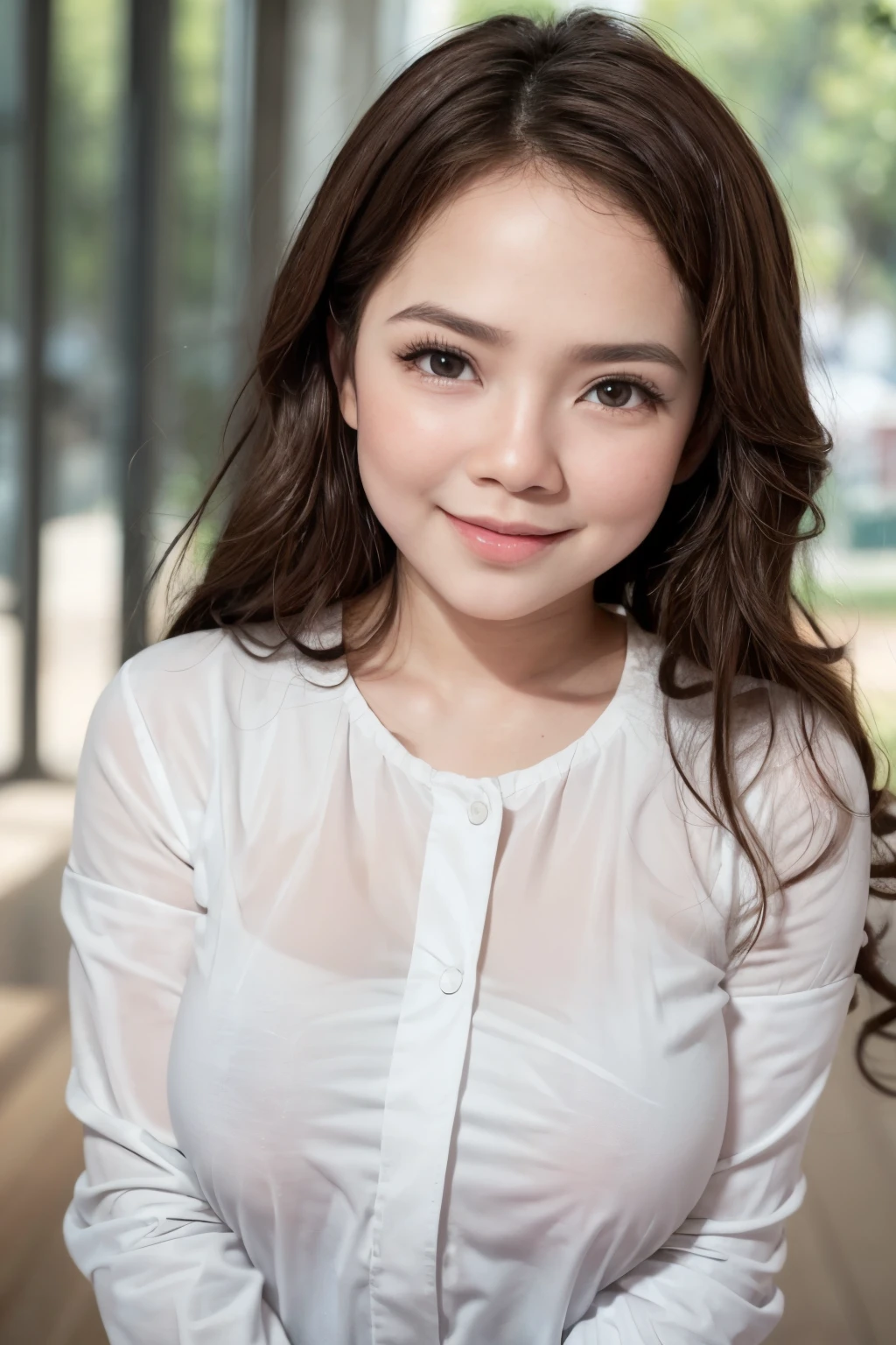 adorable, 1 girl, (face to face), ************, baby face, happy, half body portrait, (face details: 1), (eye details:1), ((big breasts)). wearing transparency long shirt, .. Cute posed. proportional body. Ultra High Res. realistic: 1.4, UHD