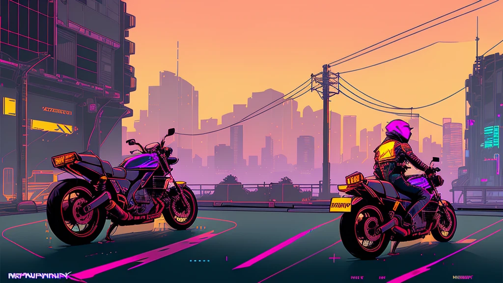 (nvinkpunk:1.2) SNTHWVE style motorcycle, Light Wave, sunset, Complex, Very detailed