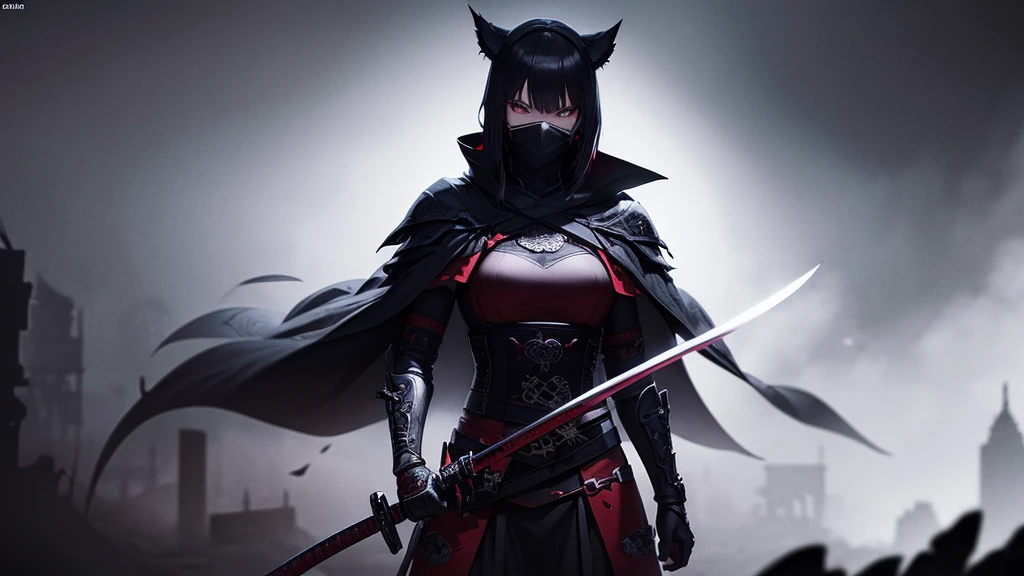 a solo shadow warrior anime, 1girl, warrior, katana, cloak, mask, mysterious, stealth, high contrast, dramatic lighting, cinematic, dark fantasy, moody atmosphere, vibrant colors, intricate details, digital painting, artstation, concept art, hyperrealistic, 8k, best quality, intricate details, masterpiece