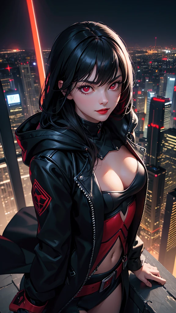 最high resolution,high resolution,Legendary Assassin, Beautiful Teenage Woman,Small breasts,black hooded coat , Fearless smile, Red lips, Black Hair, Red eyes, realism, Night city view from the top of a skyscraper,Neon Town,Digital Painting, Concept Art, Smooth, Sharp focus, Three-part method, Style Psycho,Detailed Eyes,assassin's creed
