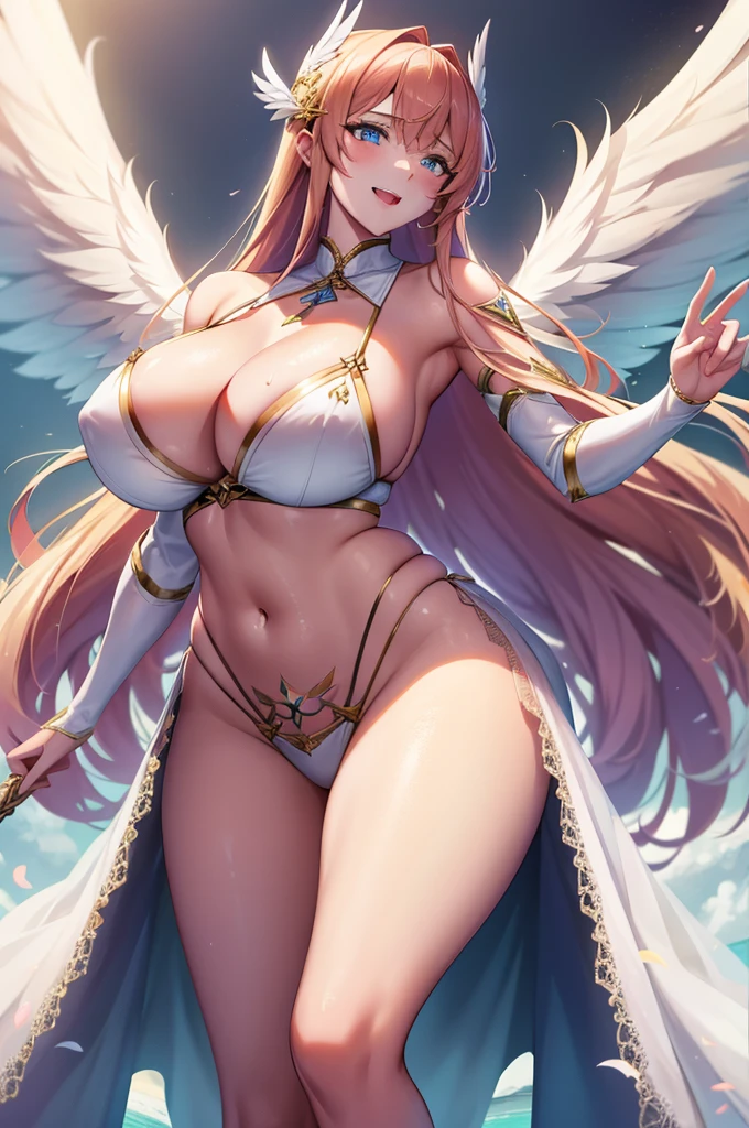 最high quality, high quality, 8K、High resolution,Highest quality、solo、胸に翼のある白いビキニ姿のtallのadult female angel、Very beautiful proportions、belly button、Thighs、tall、Adult woman in a white bikini, Archangel Style、super Wild Angel, A happy open-mouthed smile、Thighs、Naturally Shaped Fingers、Long neck、from the front、Looking at each other, our eyes met、belly button、Blonde hair and blue eyes、Majestic Angel, Anime Goddess, Wild Angel, thick, Beautiful and attractive anime woman, Huge and stunning goddess shots, Angel Adult Woman, adult female angel, She has angel wings on her back,Highly detailed goddess shot