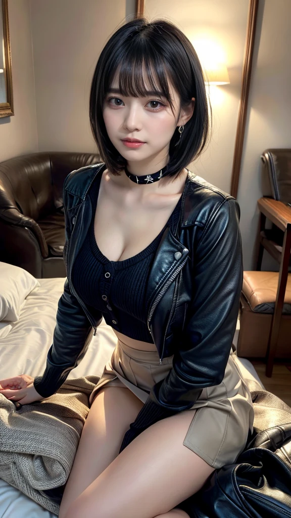 masterpiece, best quality, illustration, Super detailed, fine details, High resolution, 8K,wall paper, perfect dynamic composition, front view, upper body, Upper body only, slatternly posture, She is staring at us with teary eyes., 18 year old girl, Gravure Idol, cute type, (Details High quality, realistic depiction of eyes:1.3), revealing clothes, short bob hair, bangs, black hair color, Dark makeup, Big Natural Color Lip, large breasts, perfect body shape, plump figure, beautiful clavicle, Black leather jacket, Knit sweater that goes all the way down to the neck, pleated skirt, black choker, earrings, hotel room, drinking party, Drunk and disorderly.