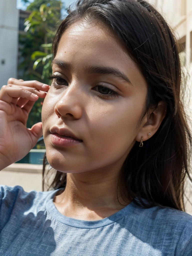 best quality,4k,8k,highres,masterpiece:1.2),ultra-detailed,(realistic,photo realistic,photo-realistic:1.37), Sri Lankan 25 year old girl, with attractive facial features,beautiful detailed eyes,beautiful detailed lips,extremely detailed eyes, and face,long eyelashes ,partially fair skin. On a hotel balcony, peeking the beautiful sight, wearing a black T-shirt and blue trouser.
