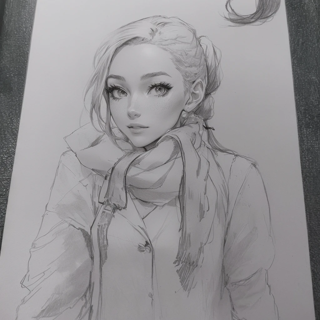 Drawing of a woman with a ponytail and a scarf, Female protagonist 👀 :8, I'll make fan art too., anime figure, outline!!, Very detailed fan art, Rena supports style 3/4, anime drawing, Anime style pictures, The painting fades away., anime shading), unknown art style, manga drawing, in anime style, without shading