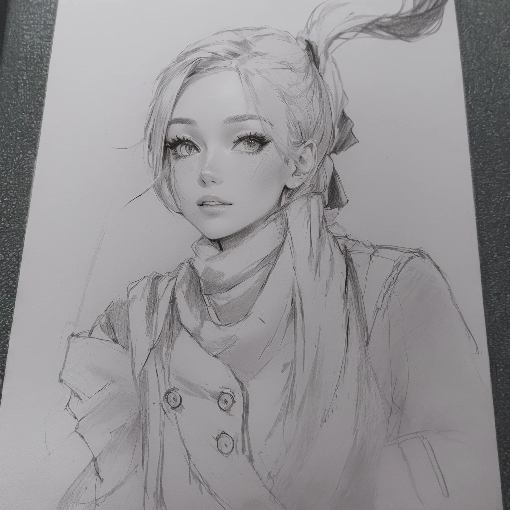 Drawing of a woman with a ponytail and a scarf, Female protagonist 👀 :8, I&#39;ll make fan art too., anime figure, outline!!, Very detailed fan art, Rena supports style 3/4, anime drawing, Anime style pictures, The painting fades away., anime shading), unknown art style, manga drawing, in anime style, without shading