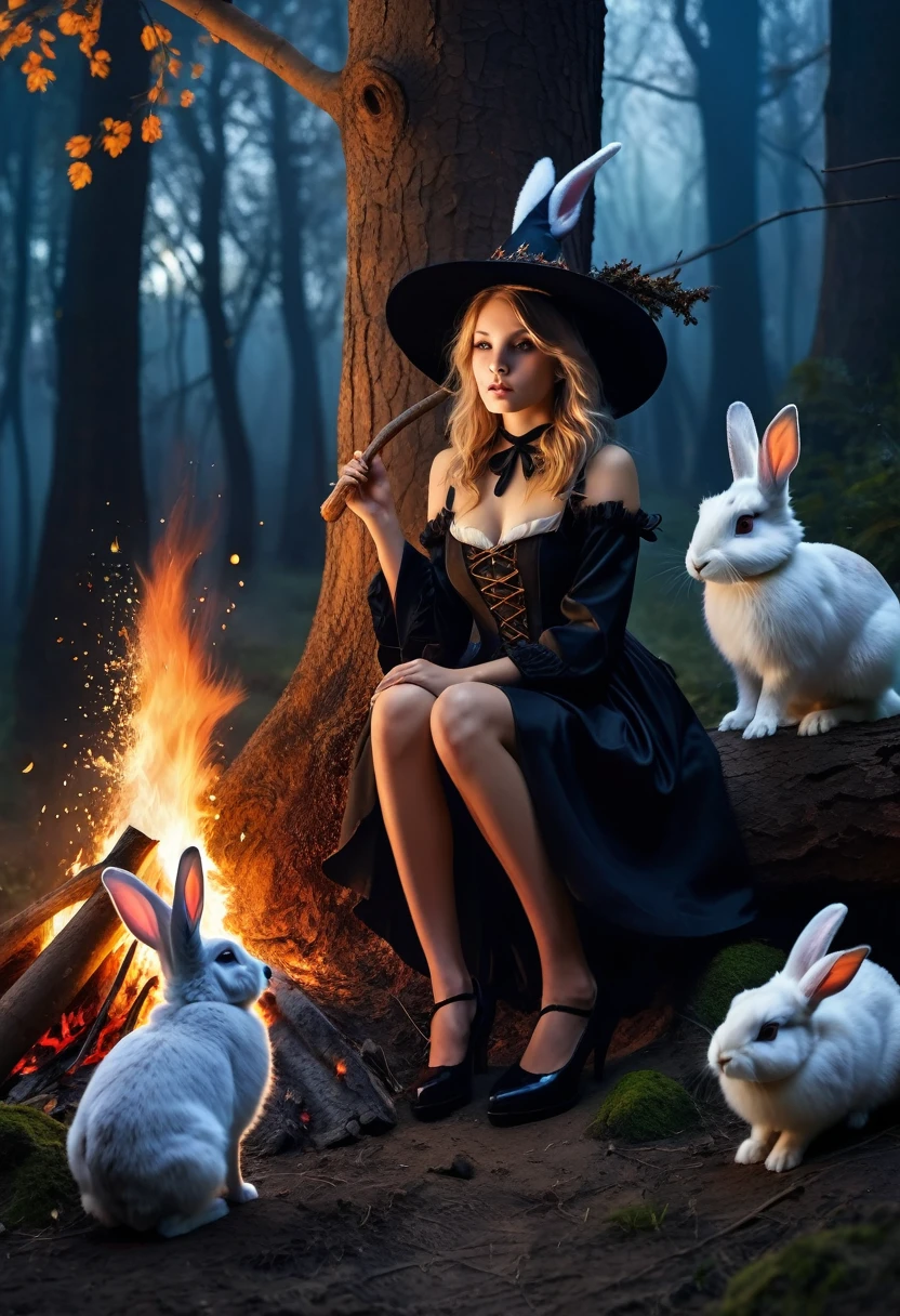 Highest quality Night Forest Fantasy Young witch big tree Bonfire Break Two Rabbits