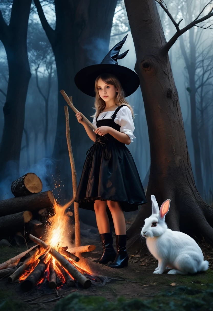 Highest quality Night Forest Fantasy Young witch big tree Bonfire Break Two Rabbits