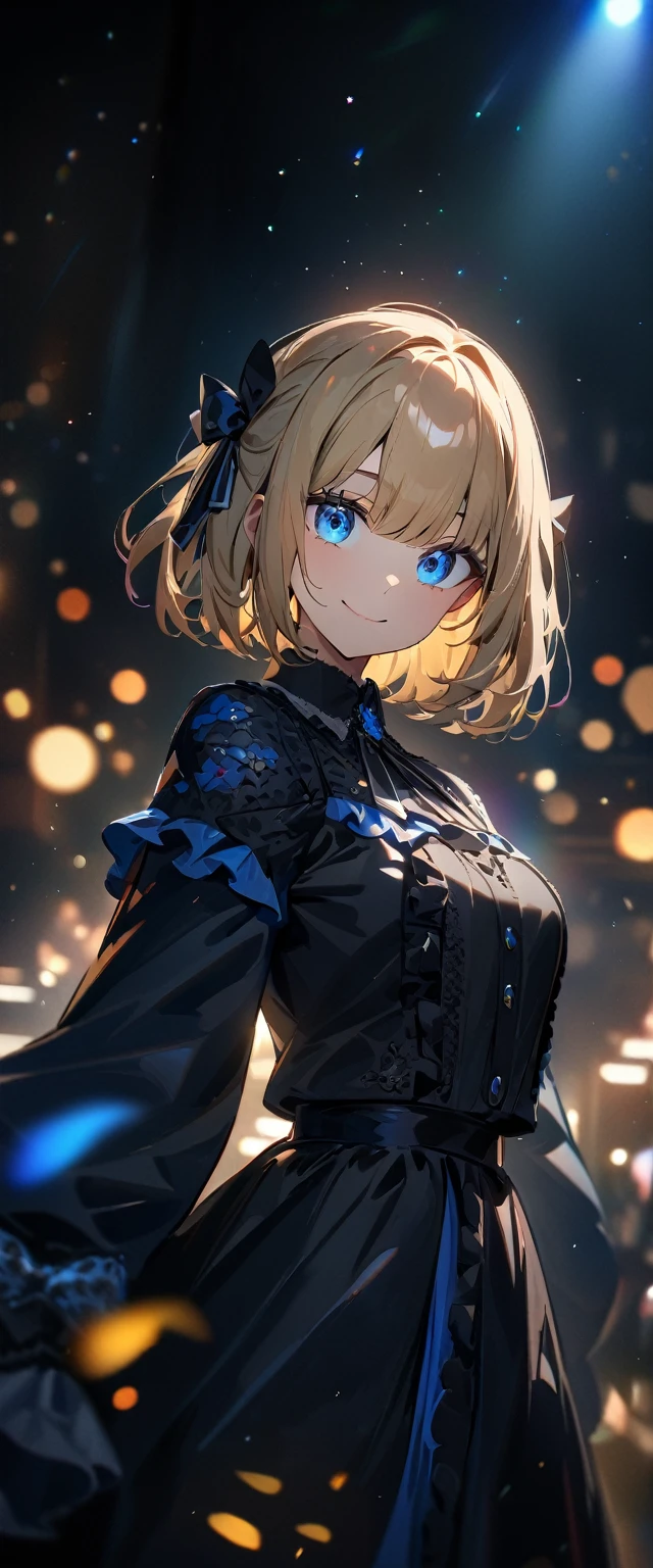 (((One girl))), Shibuya, blond hair, bob cut, (looking at viewer), upper body, breasts, teenager, head tilt:1.3, (((blue eye))), constricted pupils, (from side:1.3), ((happy smile)), (((gothic lolita:1.3))), hair ornament, hair ribbon, anime style, (best quality, 4k, 8k, highres, masterpiece:1.2, ultra-detailed, ultra-detailed eyes, HDR, UHD, studio lighting, ultra-fine painting, sharp focus, physically-based rendering, extreme detail description, professional, vivid colors, bokeh)