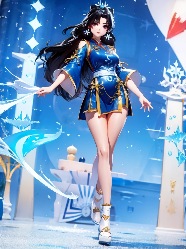 Seizo Watase style, Simple Line Initialism,Abstract art, 3d character, colorful hearts ,(((The most beautiful girl of all time))), (full body 1.2), only girl, 18 year old, full body, (((8k))),, (((3d))), black hair, Chinese girl, long hair, snow background, Taoist monk, cheongsam