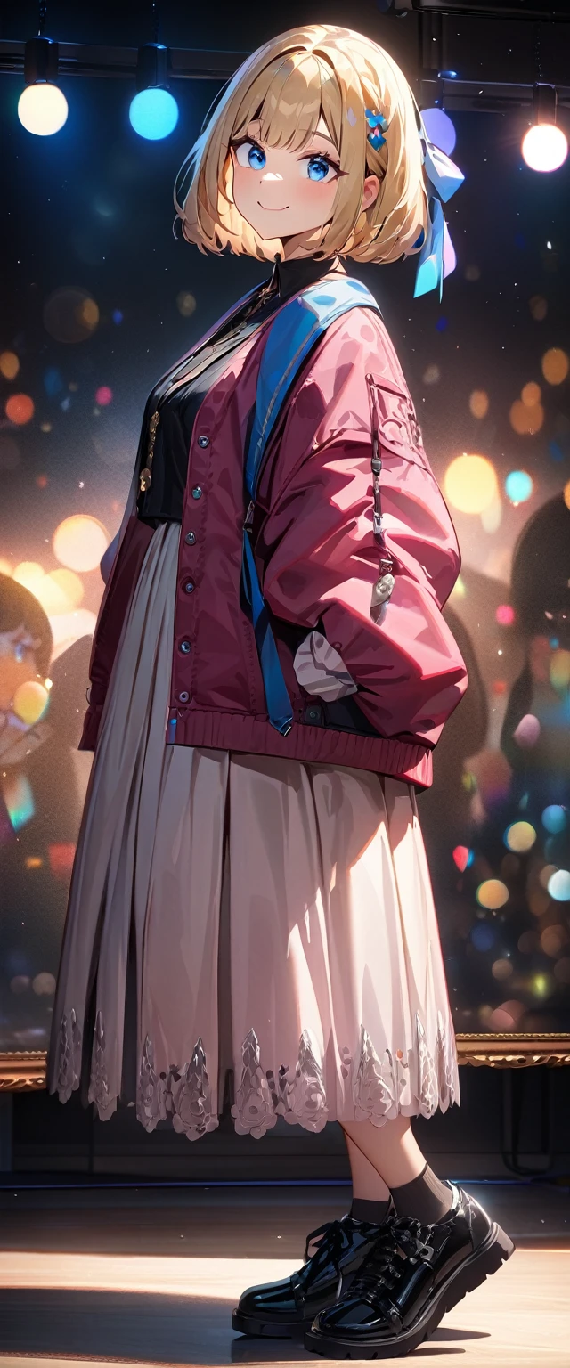 (((One girl))), Shibuya, streat, blond hair, bob cut, (looking at viewer), (((full body))), breasts, ager, head tilt:1.3, (((blue eye))), constricted pupils, (from side:1.3), ((happy smile)), gothic loli.3, hair ornament, hair ribbon, anime style, (best quality, 4k, 8k, highres, masterpiece:1.2, ultra-detailed, ultra-detailed eyes, HDR, UHD, studio lighting, ultra-fine painting, sharp focus, physically-based rendering, extreme detail description, professional, vivid colors, bokeh)