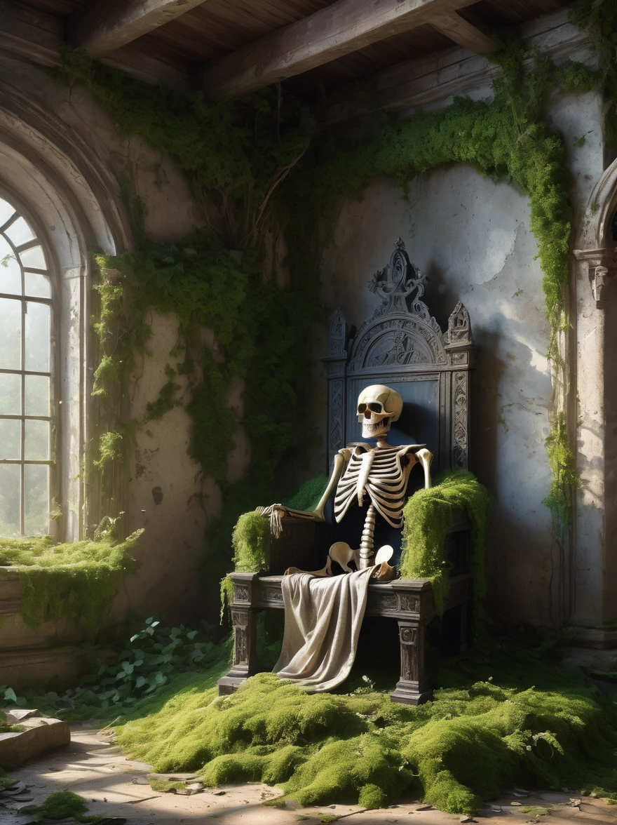 (best quality, 8k, highres, masterpiece:1.2), ultra-detailed, (realistic, photo-realistic:1.37), A decrepit skeleton sitting on a dilapidated throne in a ruined throne room,a crown with remnants of gold on its skull, a broken iron sword embedded in the ground,intricate bone details,decayed fabrics draped over the skeleton,crumbling walls, overgrown moss and vines, scattered debris, dramatic lighting casting shadows, eerie atmosphere, high contrast, dramatic HDR, ultra-fine painting, sharp focus, physically-based rendering, (concept art style)