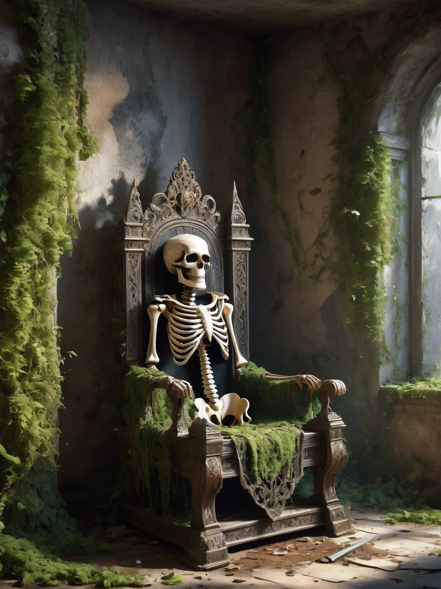 (best quality, 8k, highres, masterpiece:1.2), ultra-detailed, (realistic, photo-realistic:1.37), A decrepit skeleton sitting on a dilapidated throne in a ruined throne room,a crown with remnants of gold on its skull, a broken iron sword embedded in the ground,intricate bone details,decayed fabrics draped over the skeleton,crumbling walls, overgrown moss and vines, scattered debris, dramatic lighting casting shadows, eerie atmosphere, high contrast, dramatic HDR, ultra-fine painting, sharp focus, physically-based rendering, (concept art style)