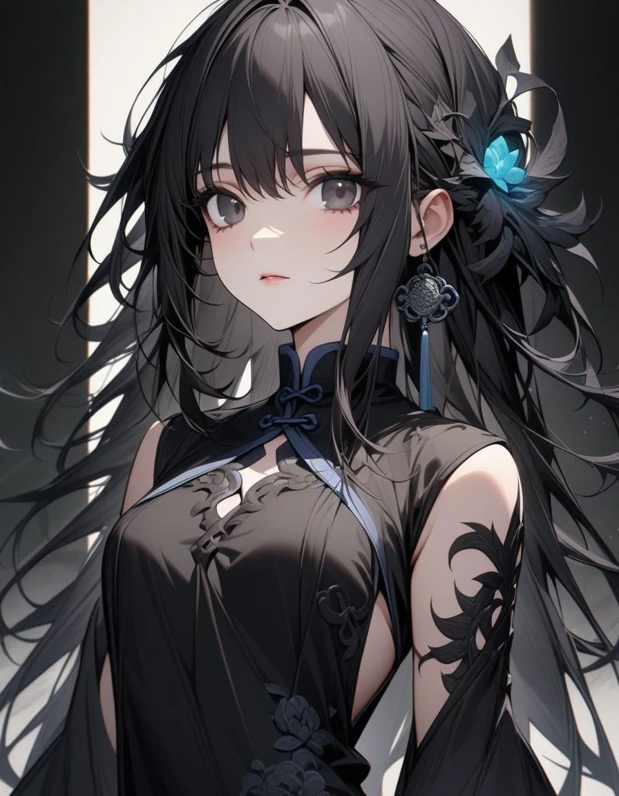 Intellectual elder sister,Black long hair,Black chest binding,Chinese style,Beautiful black eyes,Extremely detailed,high resolution,Simple background
