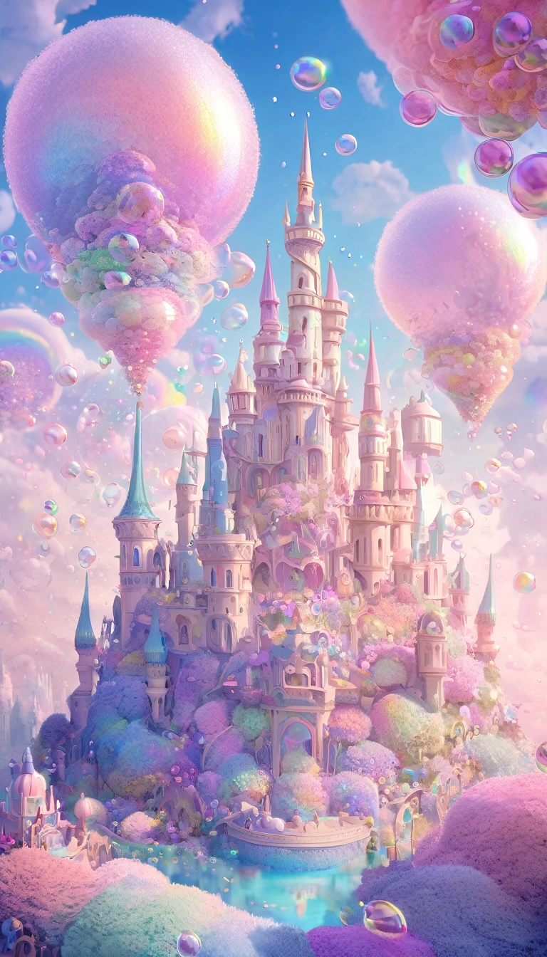 best quality, super fine, 16k, incredibly absurdres, extremely detailed, delicate and dynamic, dream world, mysterious castle filled with pastel-colored, fluffy, iridescent soap bubbles that look like sweets. no humans landscape