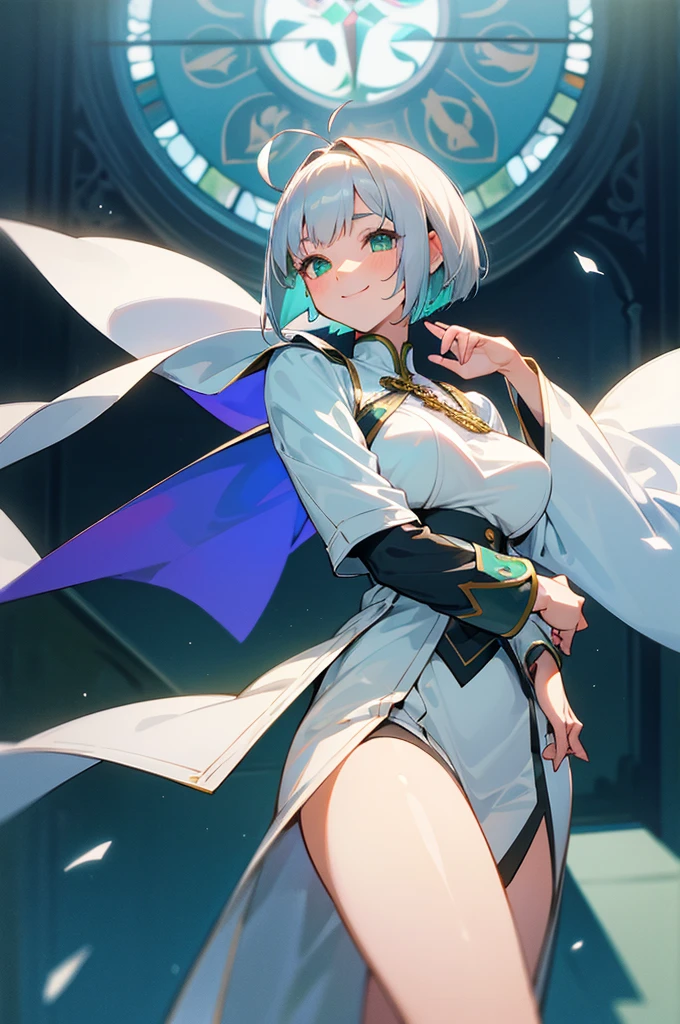 Perfect human body modeling, 1girl, beautiful girl, cute girl and idol face, young face, smile, short and bob cut hair, silver hair, ahoge, white shiny skin, beautiful green eyes, medium breasts, Western-style fantasy, RPG, church, Fantasy Monks, Blue priest's uniform, white priest's garb,