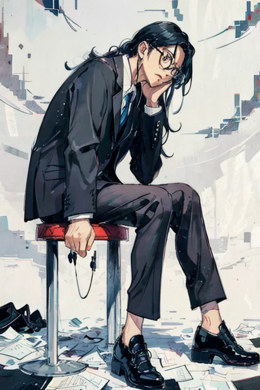 A male lawyer in a suit, with black-framed glasses and slightly long black hair, in the style of Japanese manga artist Fumi Shibamon, with single-line drawings.He is sitting at a very confusing office.