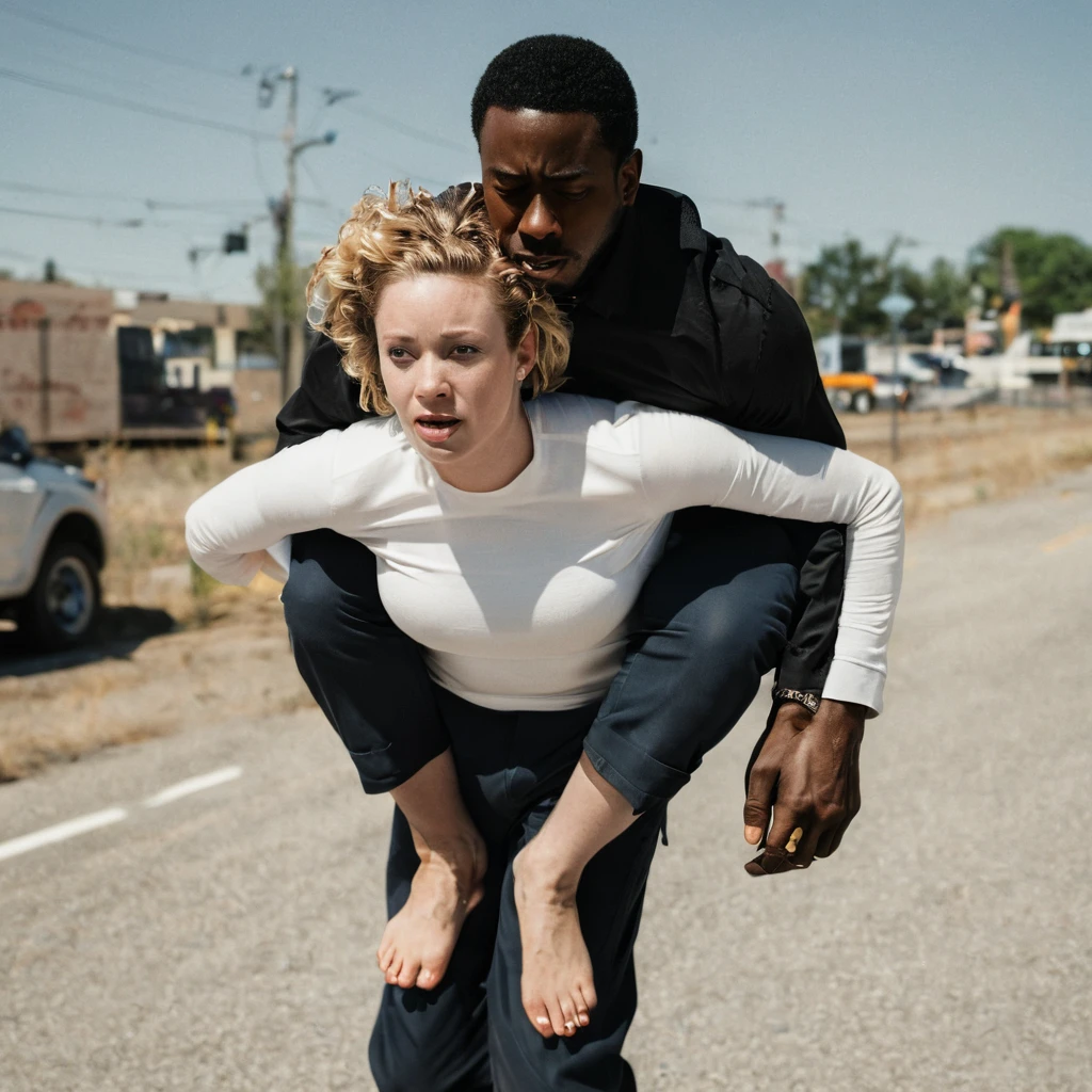 A black man carries a white woman on his back 