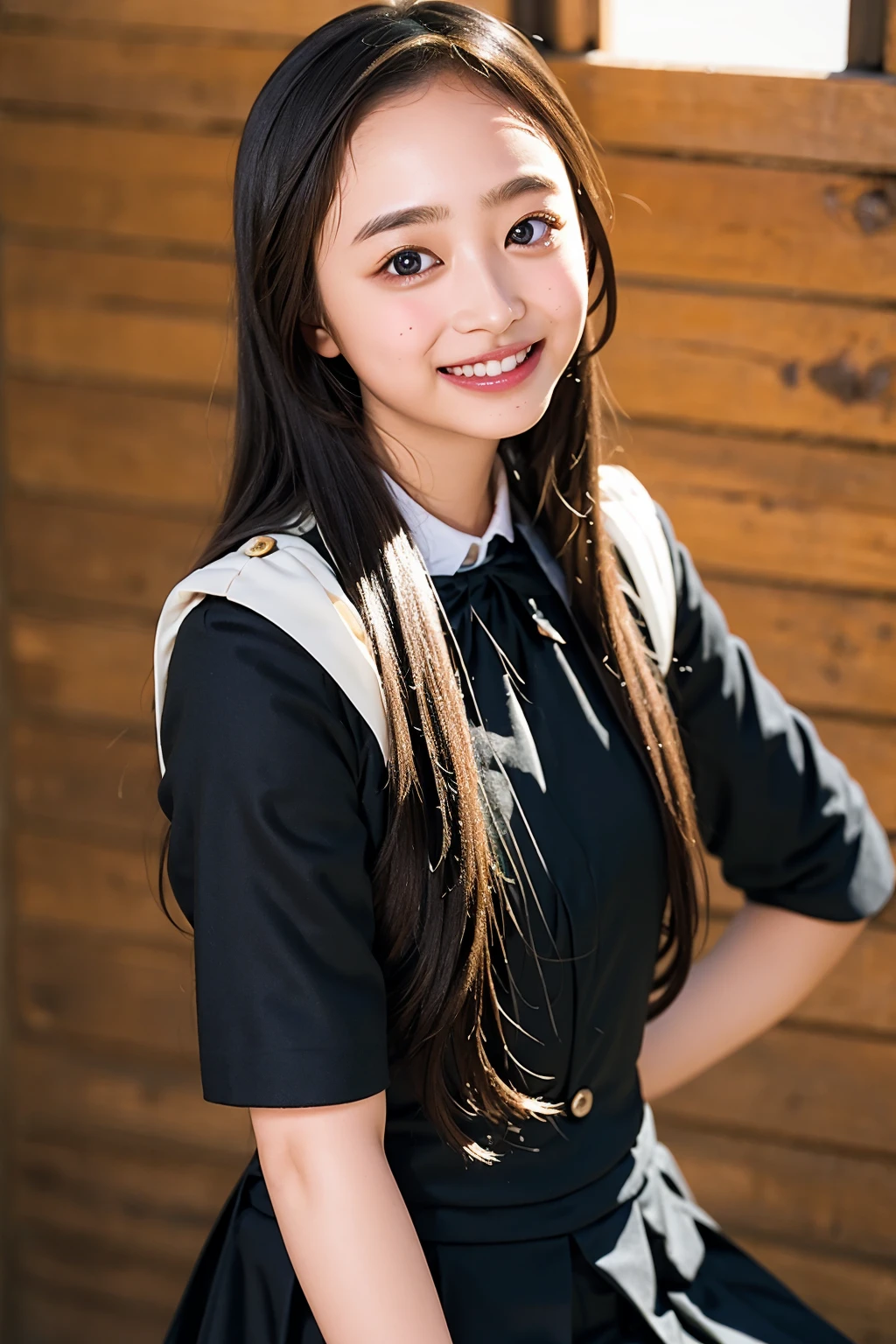 (((upper body shot))),Ultra-high resolution,big eyes,((brown eyes)),Japanese,(forehead),(a girl),(1 girl),((18-year-old)),cute,pretty,((facing at viewer)),arms behind back,grin,(((black uniform)))