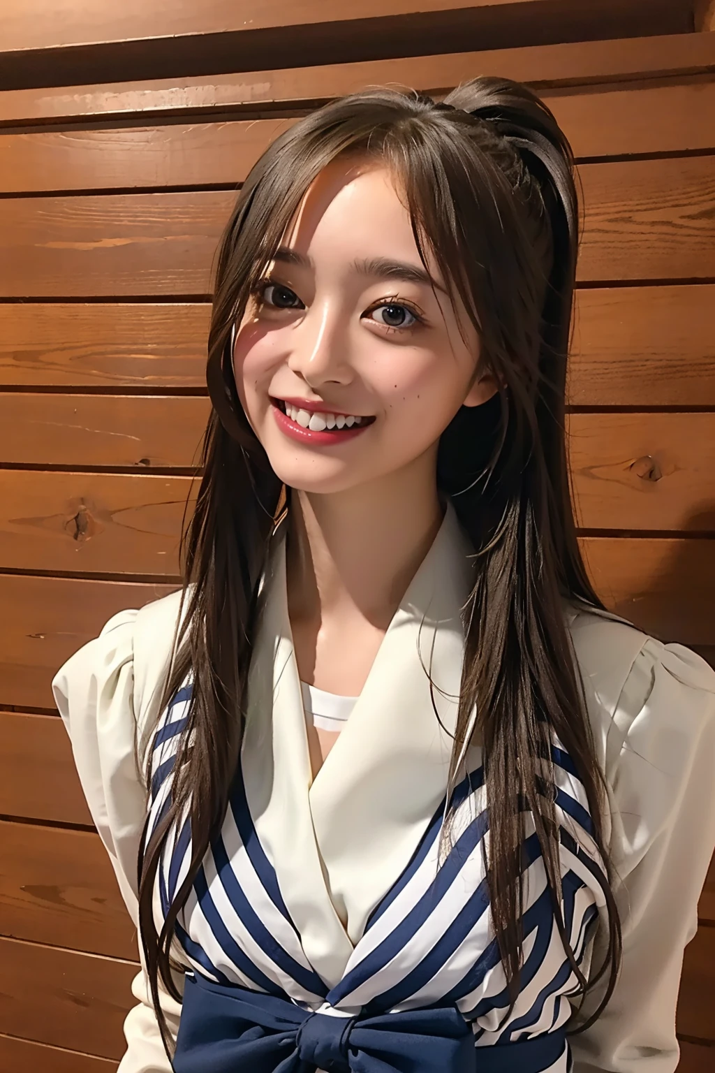 (((upper body shot))),Ultra-high resolution,big eyes,(brown eyes),Japanese,(forehead),(a girl),(1 girl),((18-year-old)),cute,pretty,((facing at viewer)),grin,(((white school sailor shirt))),pleated skirt