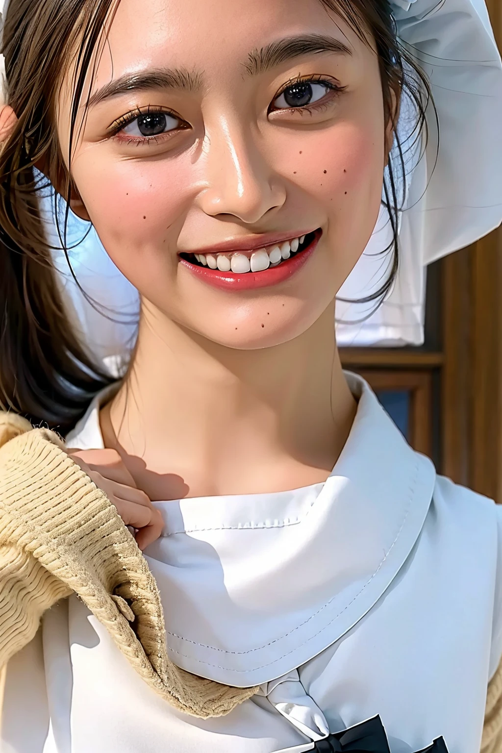 (((upper body shot))),Ultra-high resolution,big eyes,(brown eyes),Japanese,(forehead),(a girl),(1 girl),((18-year-old)),cute,pretty,((facing at viewer)),grin,(((white school sailor shirt))),pleated skirt