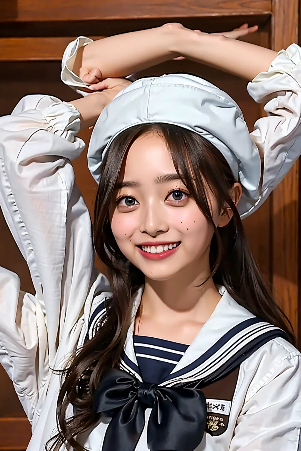 (((upper body shot))),Ultra-high resolution,big eyes,(brown eyes),Japanese,(forehead),(a girl),(1 girl),((18-year-old)),cute,pretty,((facing at viewer)),grin,(((white school sailor shirt))),pleated skirt