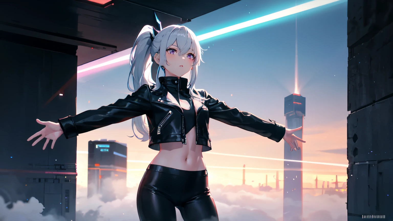 One girl, Black leather jacket,Black leather pants, ponytail ,White Hair, Purple Eyes, Blue Fire, Blue Flame, wallpaper, City of Fog ,Depth of written boundary, fog night, Particles of light, light, Side Lighting, Thighs, destiny \(series\), Genshin Impact, cloud,stretching arms upwards,Rainbow in the sky,cyber punk
